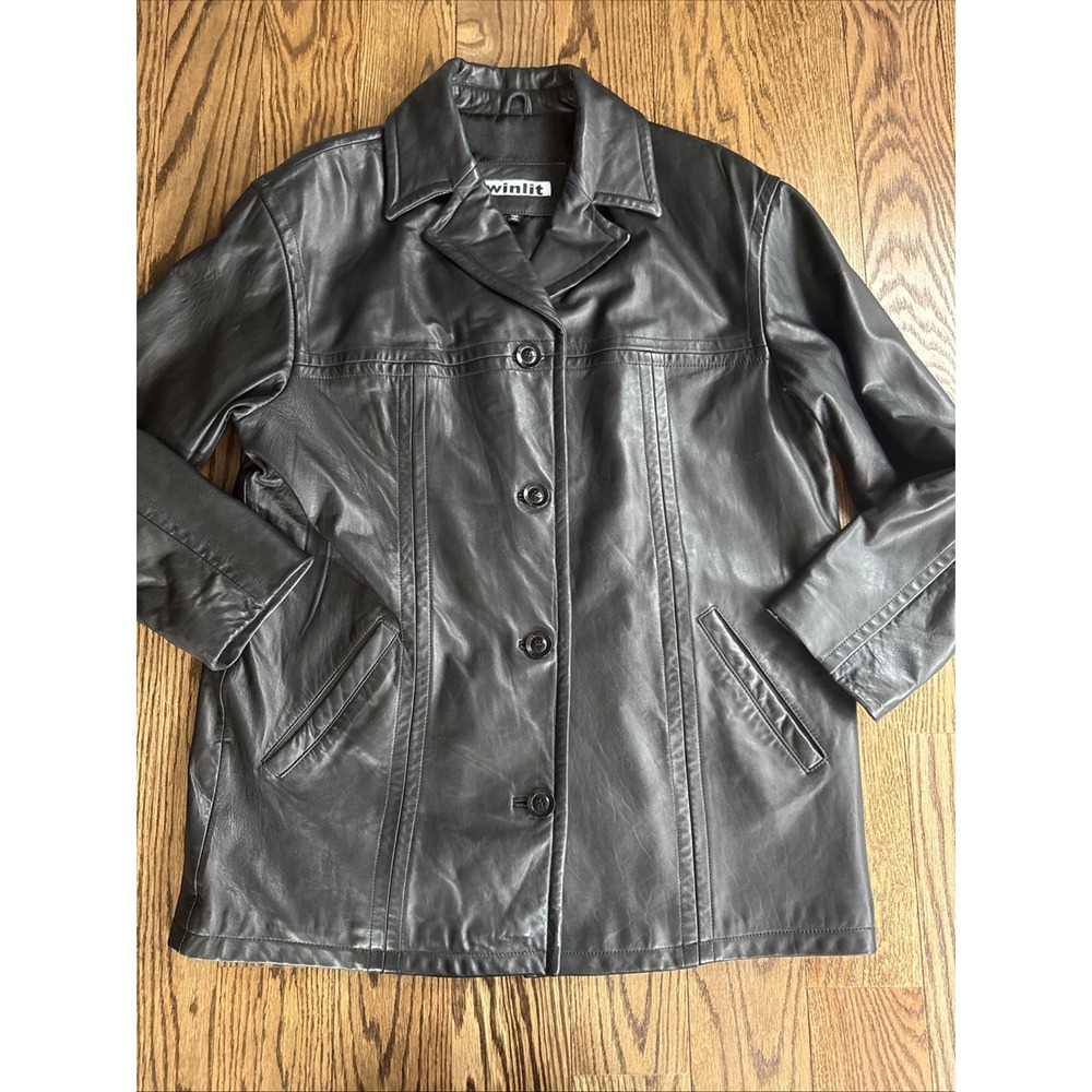 Vintage WINLIT Women's Genuine Leather Jacket Blazer Button Up Size Large Black